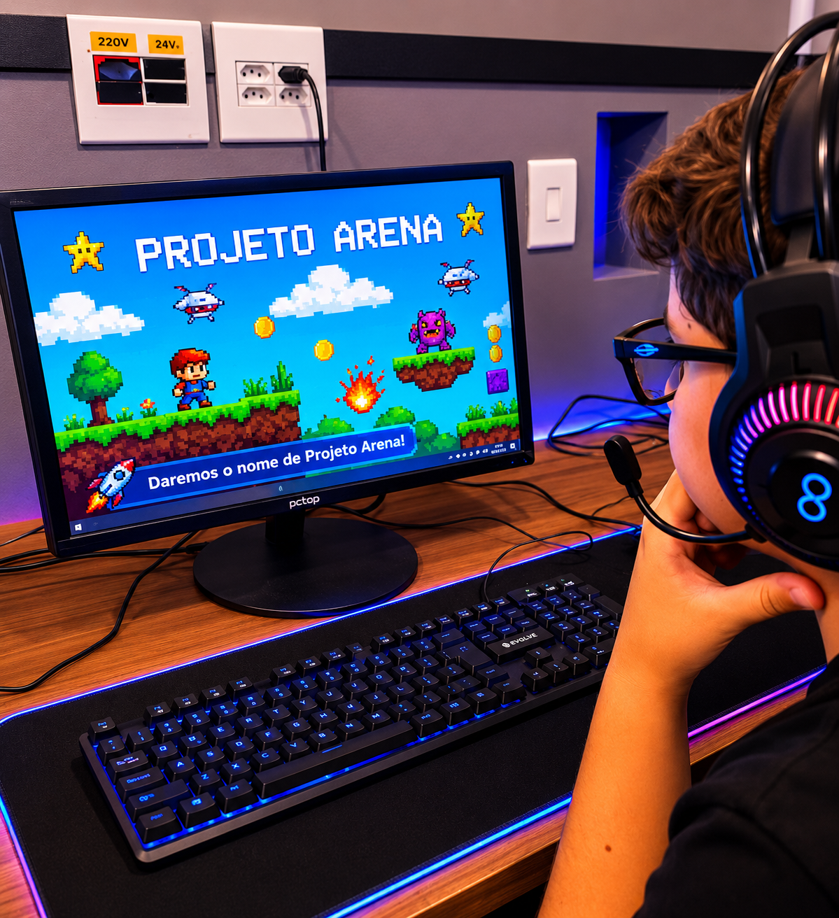 Aluno desenvolvendo game autoral 'Projeto Arena' em pixel art