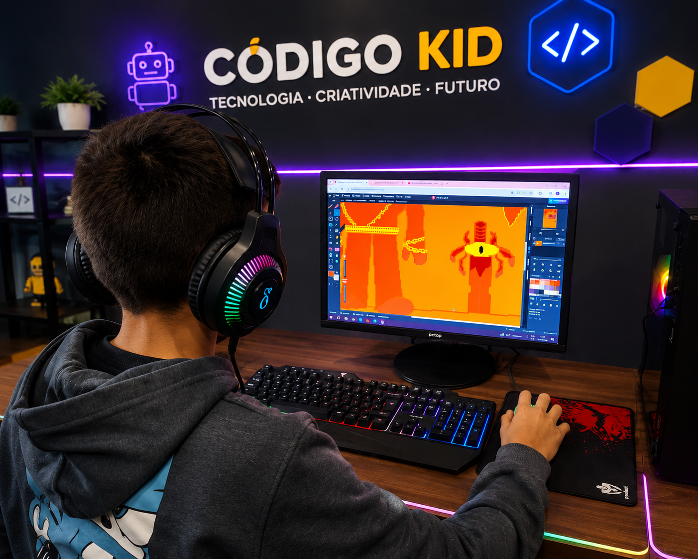 Aluno desenvolvendo arte em pixel no computador da Código Kid Freguesia do Ó